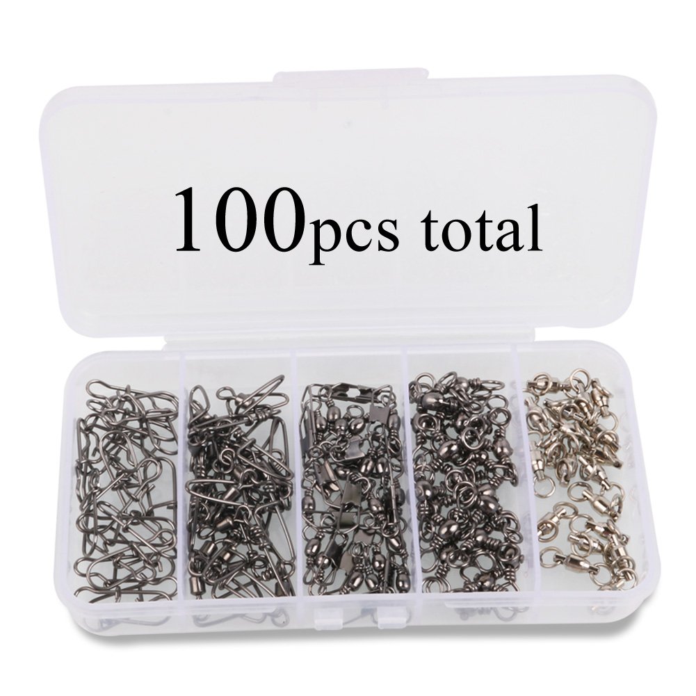 YONGZHI 100PCS Stainless Steel Fishing Swivels Accessories & Duo Lock Snaps Barrel Swivel Fishing Line Connector High Strength 20LB to 65LB for Connect Fishing Lures with Portable Travel Box