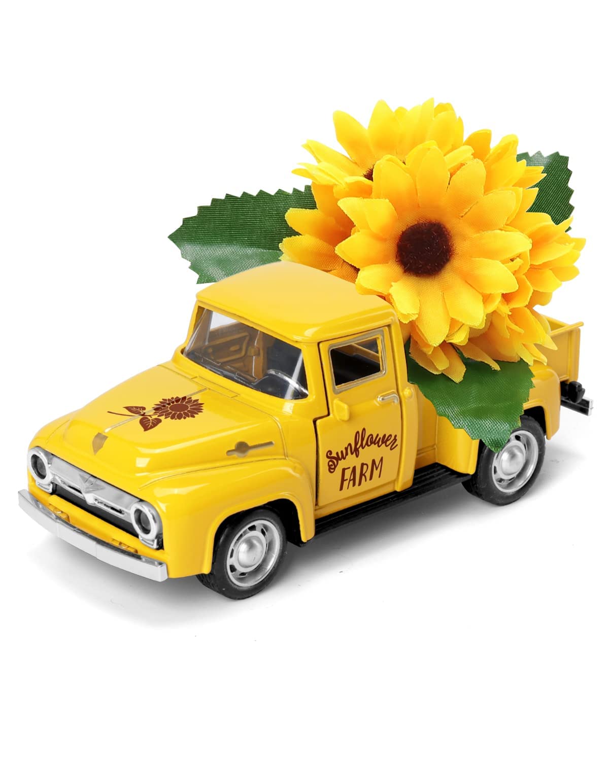 Huray Rayho Sunflower Metal Truck with Artificial Plastic Flower Yellow Vintage Farm Pickup Farmhouse Tabletop Tiered Tray Decor Home Kitchen Mantel Shelf Spring Mini Diecast Truck Decorations