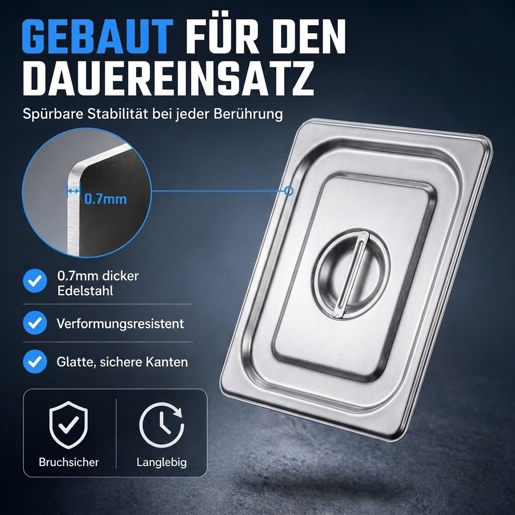 GN 1/1 Deckel Gastronormbehälter aus rostfreiem Edelstahl 530 x 325 mm | stapelbar & rostfreier GN Behälter | Gastronomie-, Event- & Catering Zubehör aus robusten 0,7 mm Stahl