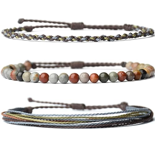 Handmade Natural Stone Beaded Healing Bracelet Gift for Men Adjustable Rope String Bracelets (Picture JasperBlue)