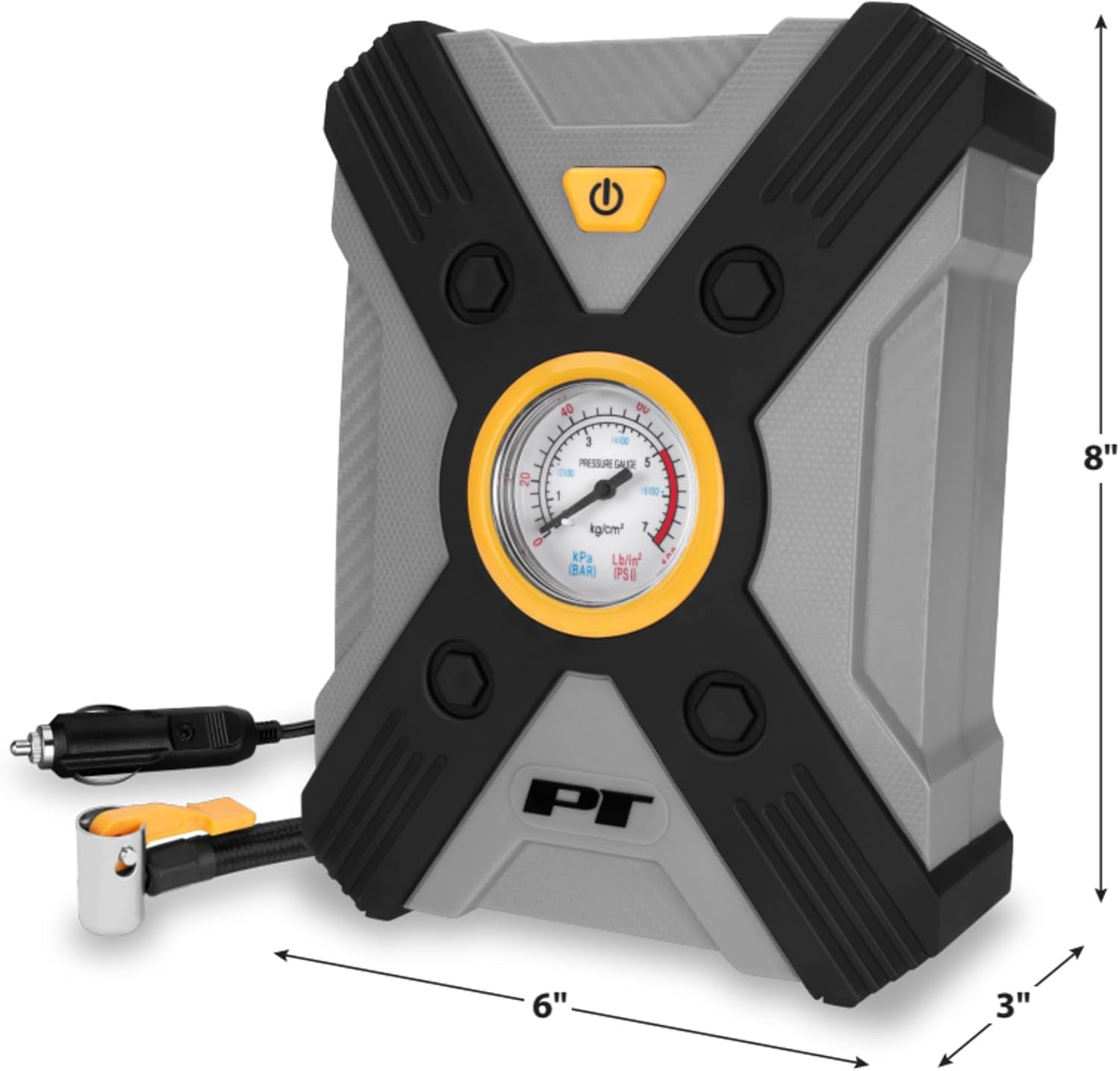 Performance Tool Vortex W7901 12V Rapid Tire Inflator w/LED Light Lever-Locking Air Chuck, Long Power Cord, Three Nozzles, Gray