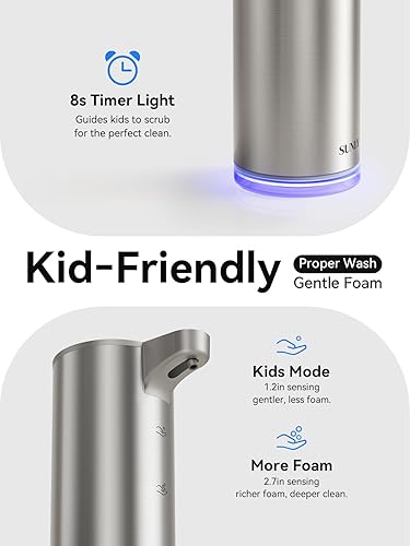 Miniatura 4 de SUNLY Dispensador automático de jabón de espuma, sensor rápido de 0.2 s, recargable USB-C, acero inoxidable resistente a las manchas, dispensador de