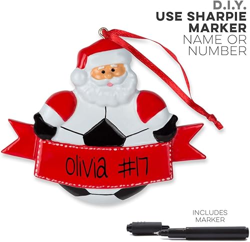 Miniatura 2 de ChalkTalkSPORTS Adorno navideño de resina de Papá Noel de fútbol Adornos de fútbol, Rojo -