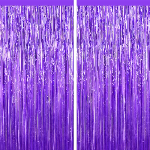YEURFONTASY Purple Tinsel Backdrop Foil Fringe Curtains - 2 Packs Door Streamers Backdrop for Birthday Door Decorations Party Supplies for Bachelorette Graduation Christmas Disco Decor