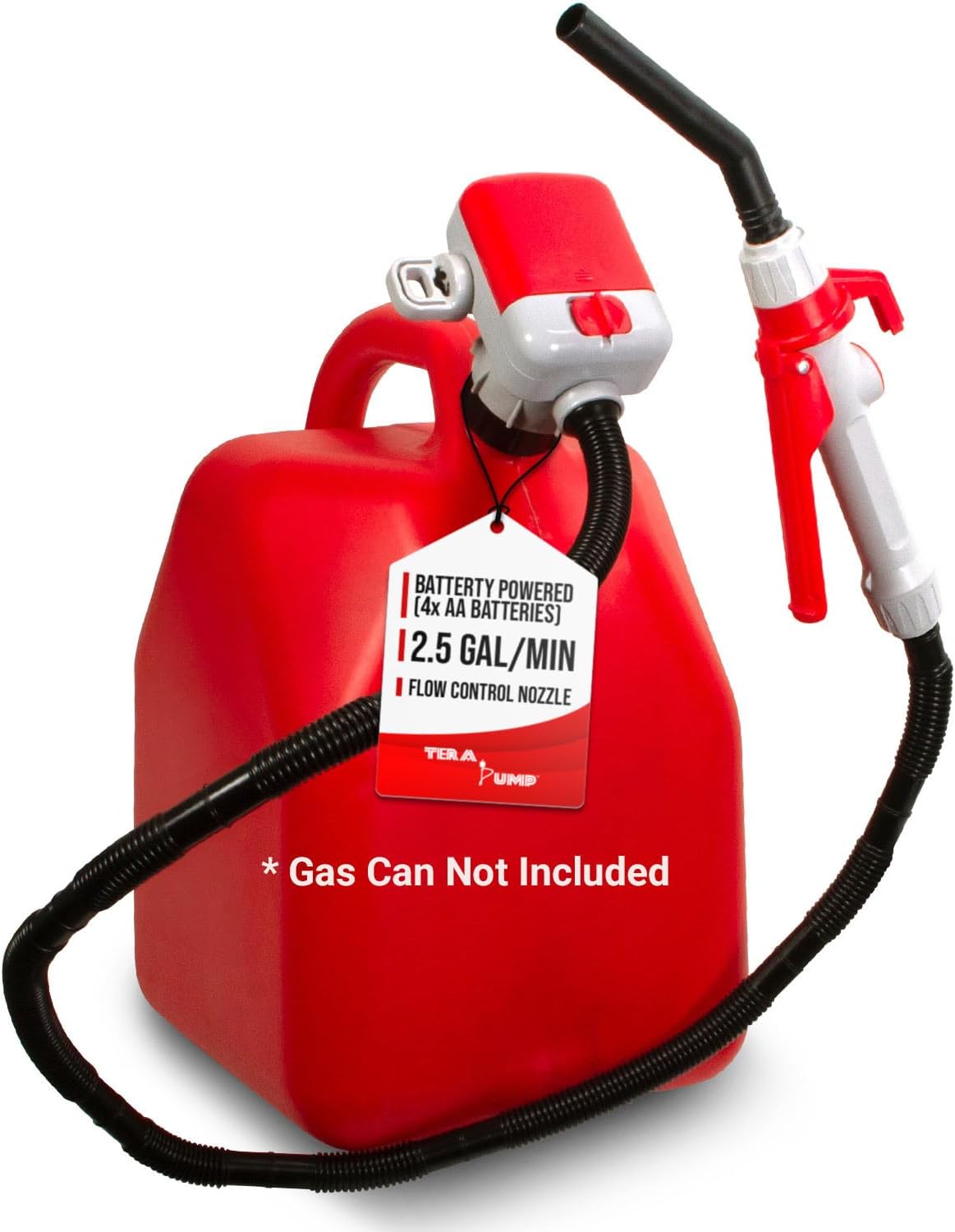 TRFA02-MTX Fuel Transfer Pump (2.5 GPM), 4-AA Battery Powered Gas Can Pump, Flow Control Nozzle with Squeeze Trigger Handle for E85 E15 Gas Diesel - Extended 4.1ft Hose