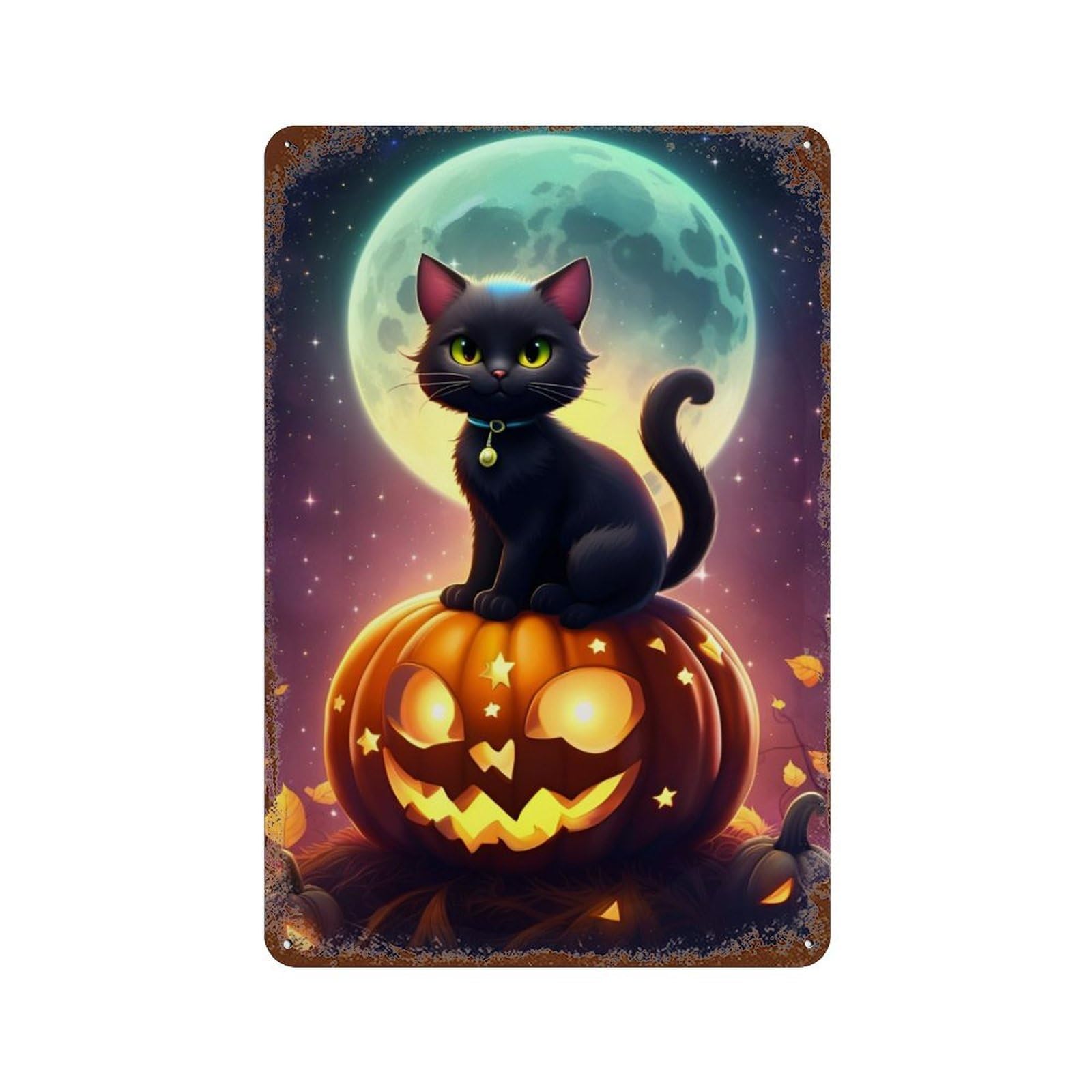 Decorative Tin Sign with Halloween Black Cat Pumpkin Scene Design 11.8"x7.9", for Basement, Hobby Room And Garage Decor, Farmhouse Wall Decor