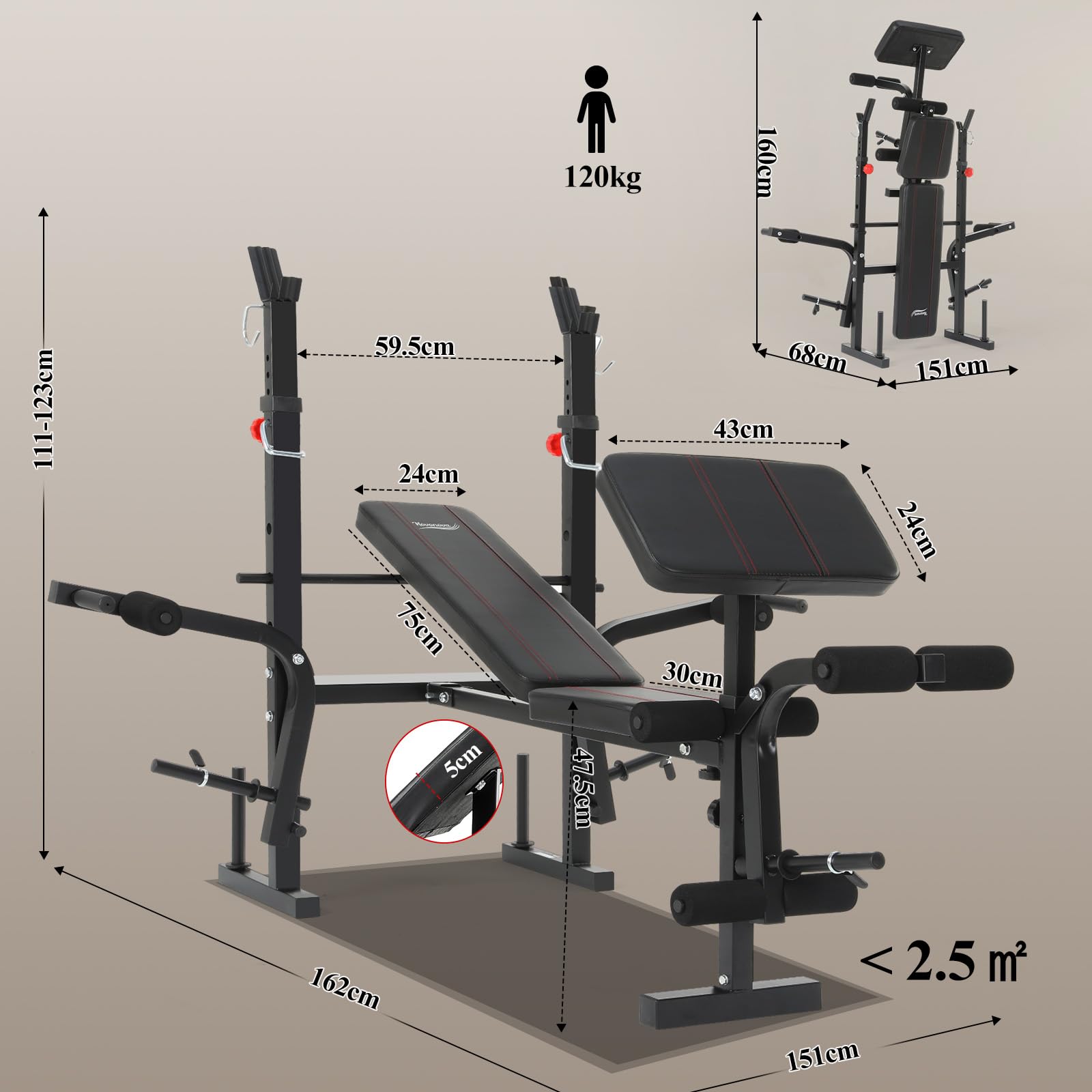 Banc de Musculation Complet Multifonction avec Dossier Réglable, Repose-Jambes et Support de Poids, Banc Musculation Pliable&Inclinable/Bancs Developper Coucher, Bancs de Biceps/de Curl