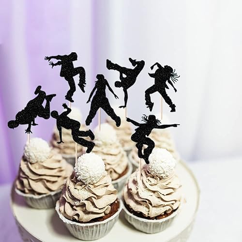 Miniatura 8 de Juego de 12 piezas para cupcakes de baile de hip-hop, con purpurina negra, para bailarina, cupcakes, hip hop, hurra, cupcakes, decoraciones para