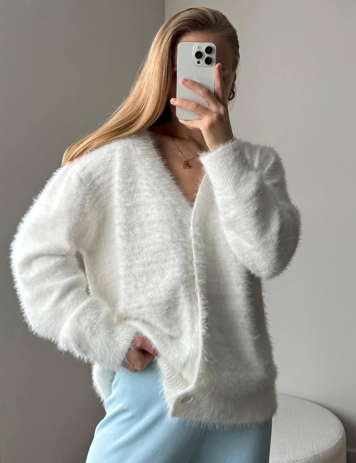 Arssm Womens Fuzzy Cardigan Sweater V Neck Cardigans Button Down Fluffy Knit Top Fashion 2026 Knitwear - Image 2