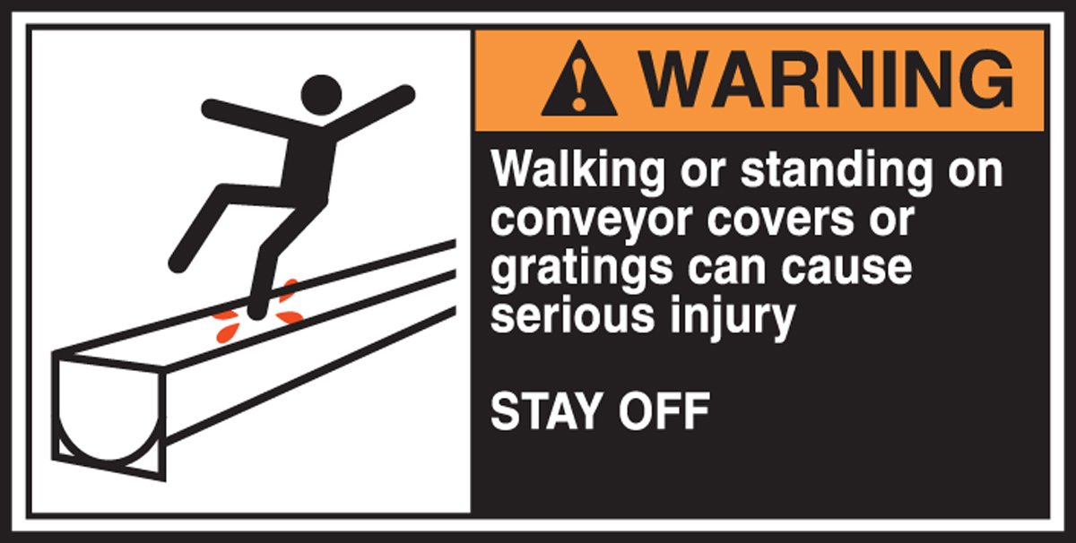 AccuformLECN367 CEMA Safety Label, "Warning Walking or Standing on Conveyor Covers or gratings can Cause serious Injury Stay Off", 2.5"x5"x0.004", Adhesive Vinyl, Orange/Black on White (Pack of 5)