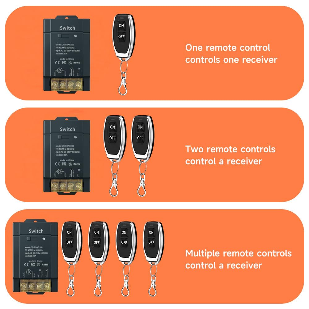 AC 220V 230V 100m 30A Interruptor de iluminación exterior de alta potencia con control remoto inalámbrico, relé inalámbrico para iluminación de bomba de agua (AC100-240V 100m 4V1 Negro)