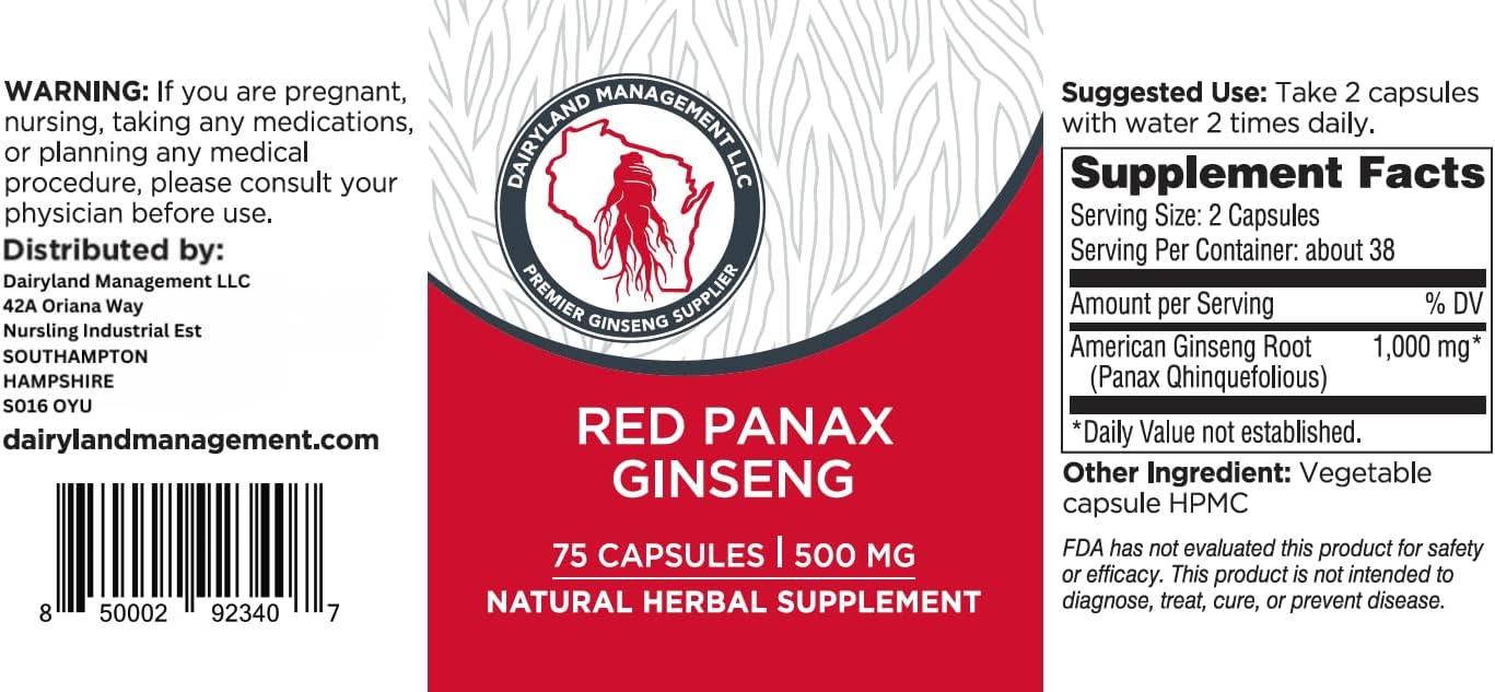 Dairyland Korean Red Panax Ginseng Capsules - 2000 mg Concentrated Potent Ground Ginseng Root Extract - No Fillers, Binders or Other Additives. (75 ct) - Image 2