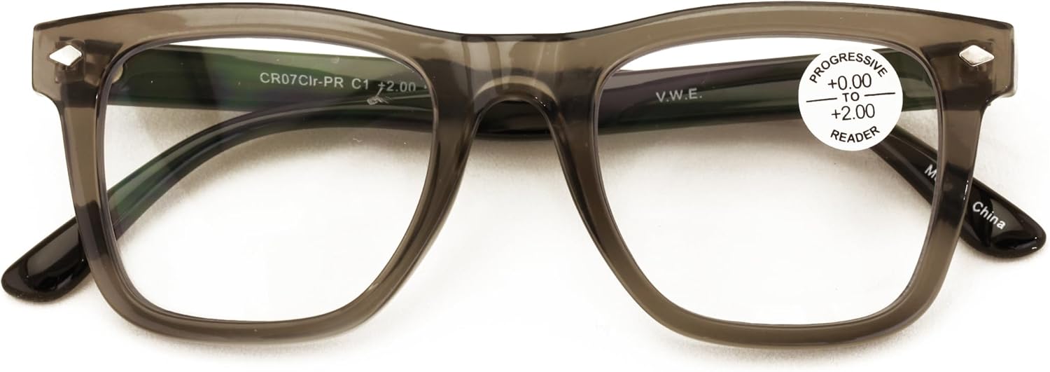 V.W.E. Men Progressive Bifocal Reading Glasses – No Line, No Bubble – Clear Zero Power on Top Readers CR07