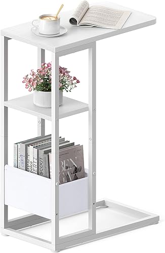 Miniatura 13 de Mesa auxiliar en forma de C, mesa lateral pequeña para sofá, reclinable, bandeja deslizable debajo del sofá, mesas de aperitivos con bolsa de Marrón