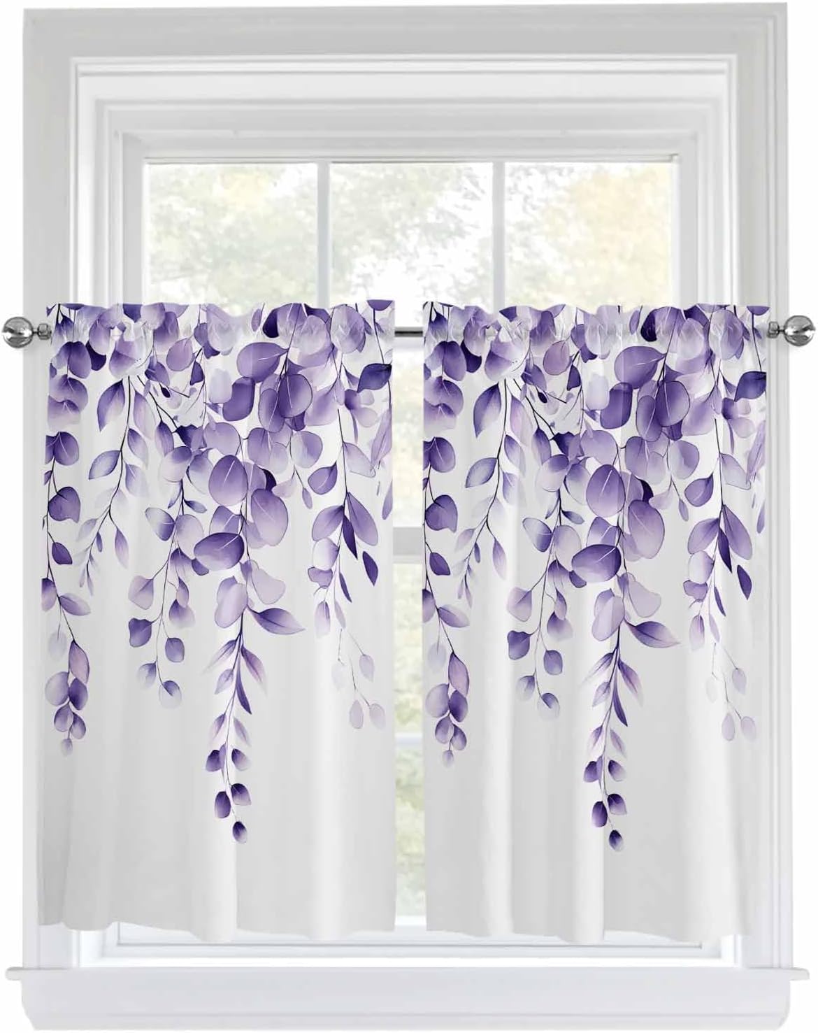 Purple Eucalyptus Leaves Tier Curtains 45 Inches Long, Spring Botanical Window Treatment Curtain Drapes, Rustic Window Half Privacy Curtains for Bedroom Bathroom, 42"x45", 2 Panels