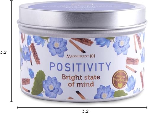 Miniatura 7 de MAGNIFICENT 101 Positivity Vela de aromaterapia en 6 oz. Soporte de lata cera de soja con aceites de flor de palo santo y loto y hojas de salvia