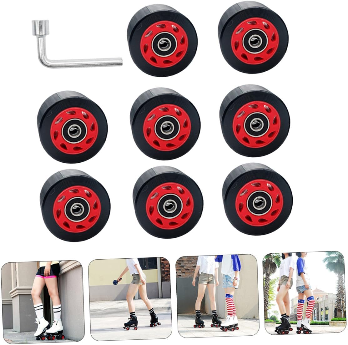 Double Row Roller Skating Wheels 95a Hardness Skateboard Wheels 8pcs with Wrench Skates Accessories for Outdoor Asphalt and Indoor Use