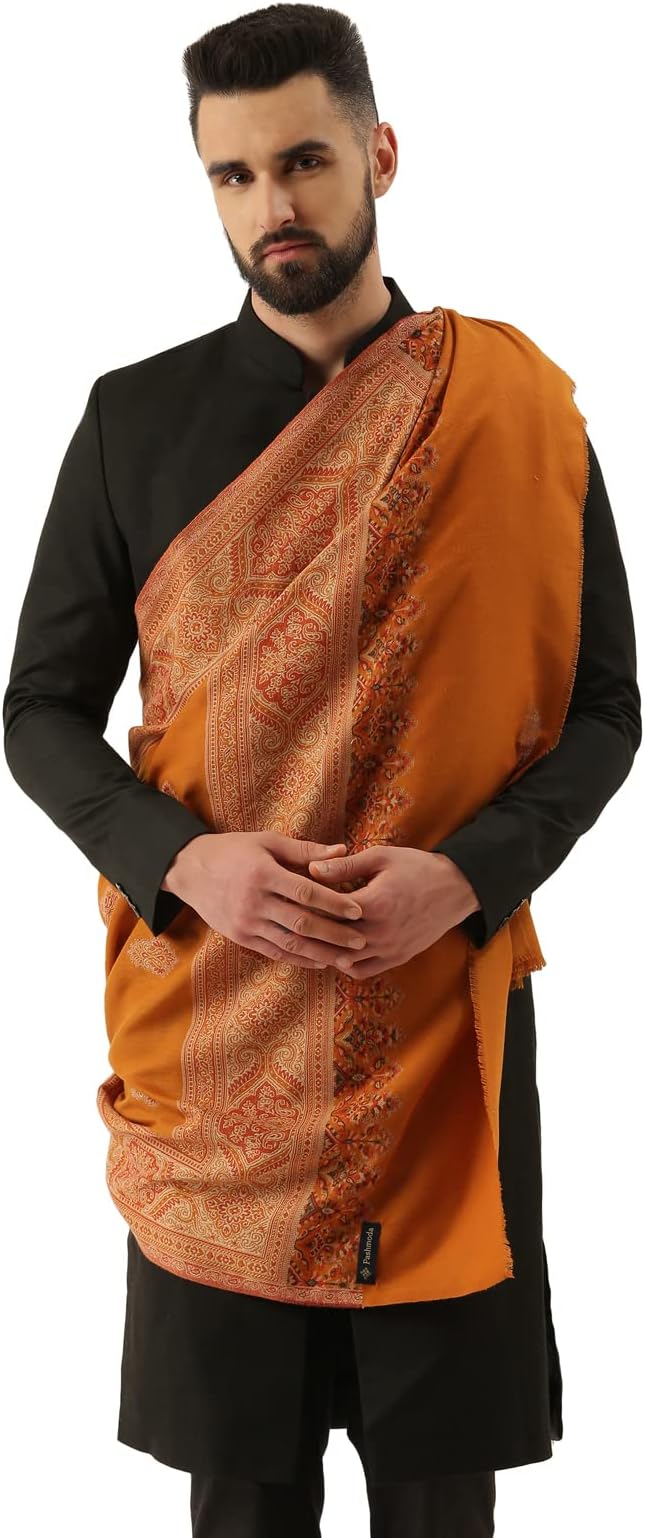 Pashmoda Men Jamawar Shawl, Authentic Kashmiri Luxury Pashmina Style Shawl, Stole, Medium Size for Gents, (Size: 101x203 CM)