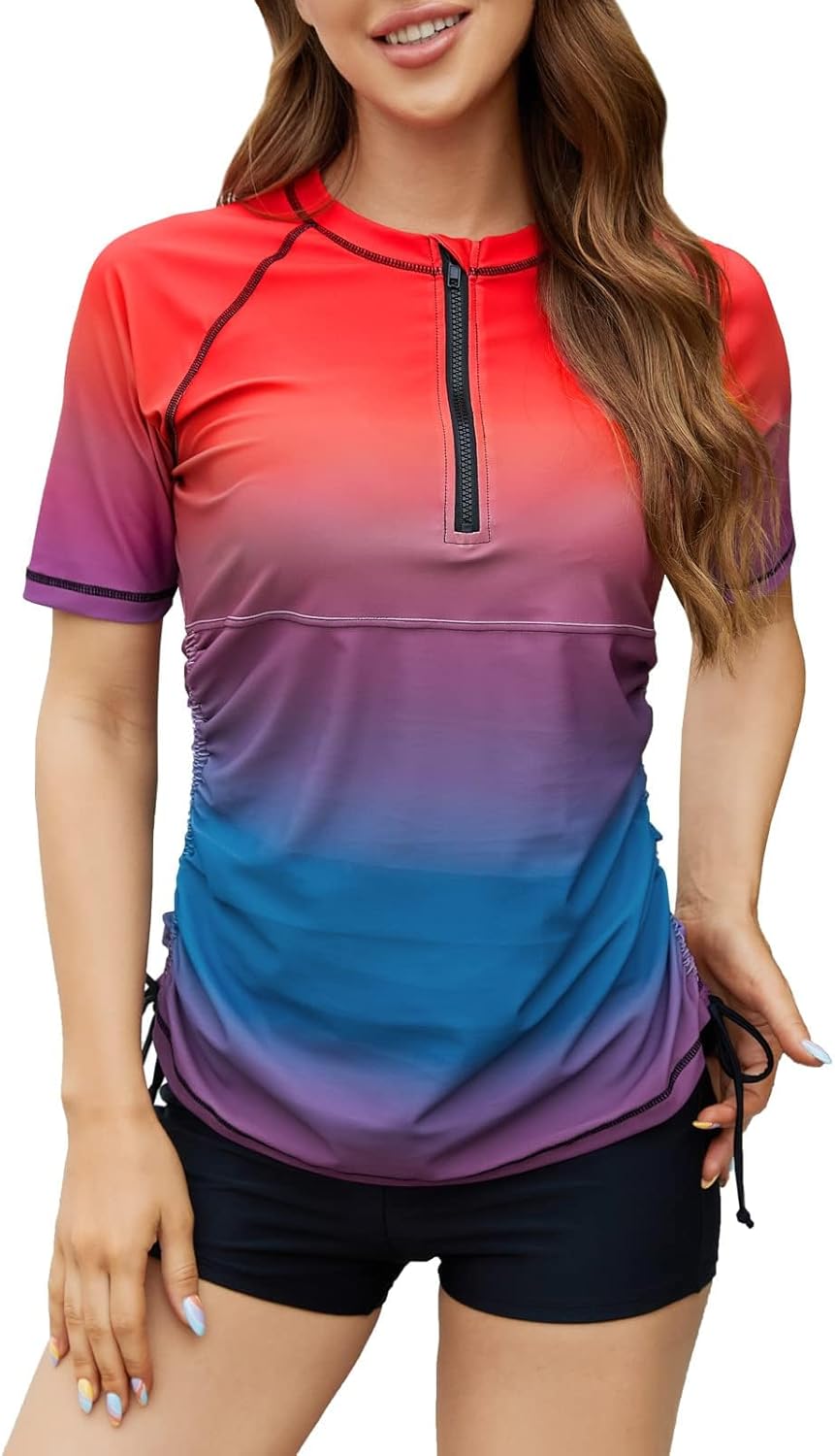 Halcurt Women's Half Zip Short Sleeve Rash Guard Swim Shirt with Tie Drawstring UPF50+ Swimsuit Top