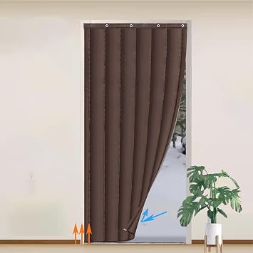 Thermal Insulated Door Curtain Fits Door Frame Size 72" x 100", Soundproof Quilted Oxford Fabric Thicken Cotton Fill Insulation Door Blanket, Winter Garage Door Cover Brown