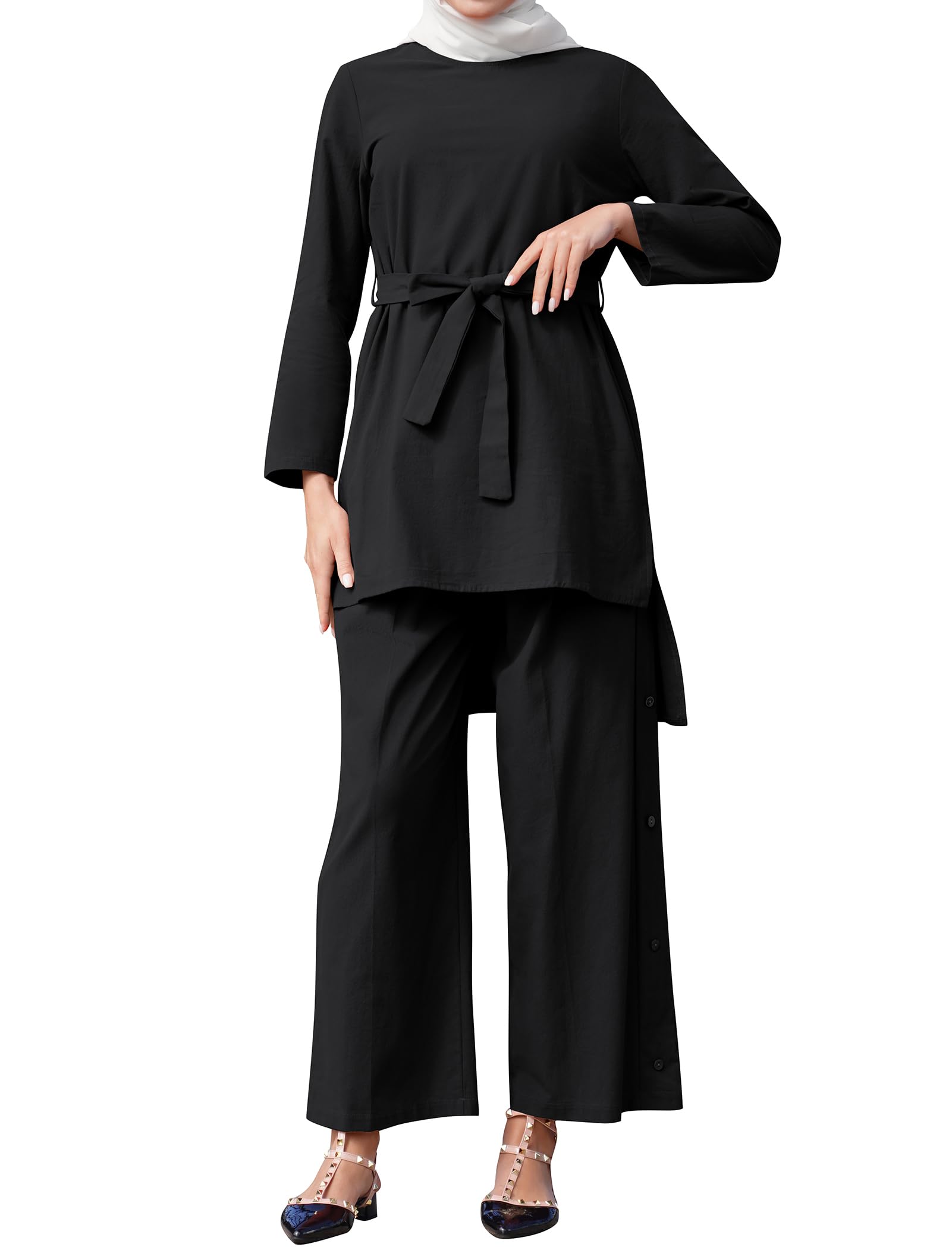 IBAKOMMuslim Clothes for Women Modest Abaya Button Down Robe Afghan Loose Pant Dubai Attire Islamic Plus Size Boho Caftan