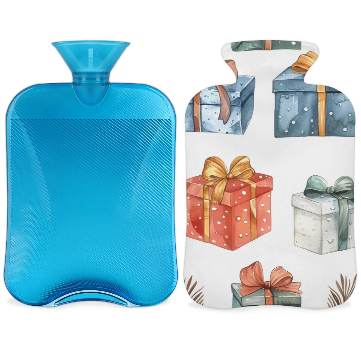 Hot Water Bottle with Soft Cover,2L Watercolor Xmas Gift Box Hot Water Bag for Hot and Cold Compress, Hand Feet Warmer, Rubber Hot or Cold Water Bottle Halloween Christmas Decorations