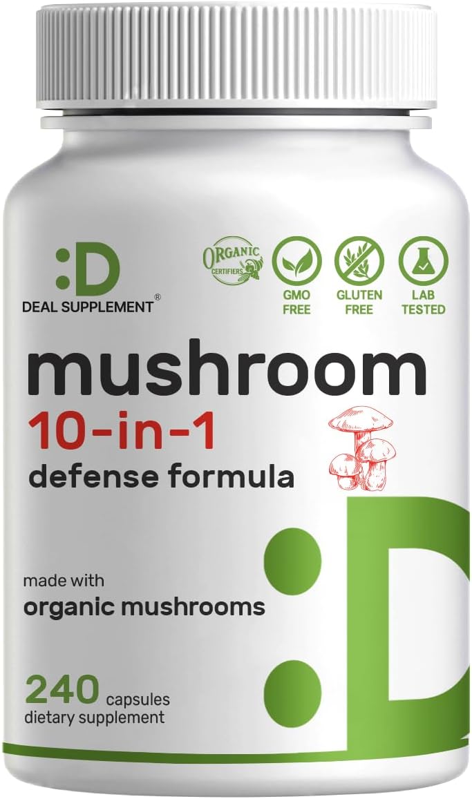 Organic 10-in-1 Mushroom Supplement 8,000mg Per Serving, 240 Capsules – Lions Mane, Turkey Tail, Reishi, Cordyceps & More Mushroom Complex – Immune, Energy & Nootropic Brain Support – Non-GMO Organic 10-in-1 Mushroom Supplement 8,000mg Per Serving, 240 Capsules – Lions Mane, Turkey Tail, Reishi, Cordyceps & More Mushroom Complex – Immune, Energy & Nootropic Brain Support – Non-GMO