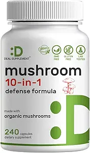 Organic 10-in-1 Mushroom Supplement 8,000mg Per Serving, 240 Capsules – Lions Mane, Turkey Tail, Reishi, Cordyceps & More Mushroom Complex – Immune, Energy & Nootropic Brain Support – Non-GMO
