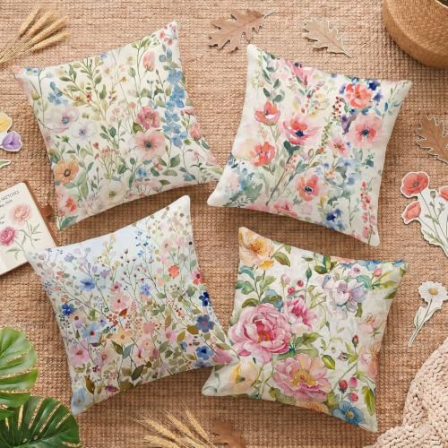 Housse de coussin 65x65cm lot de 4 rose fleur en lin imperméable C-O116