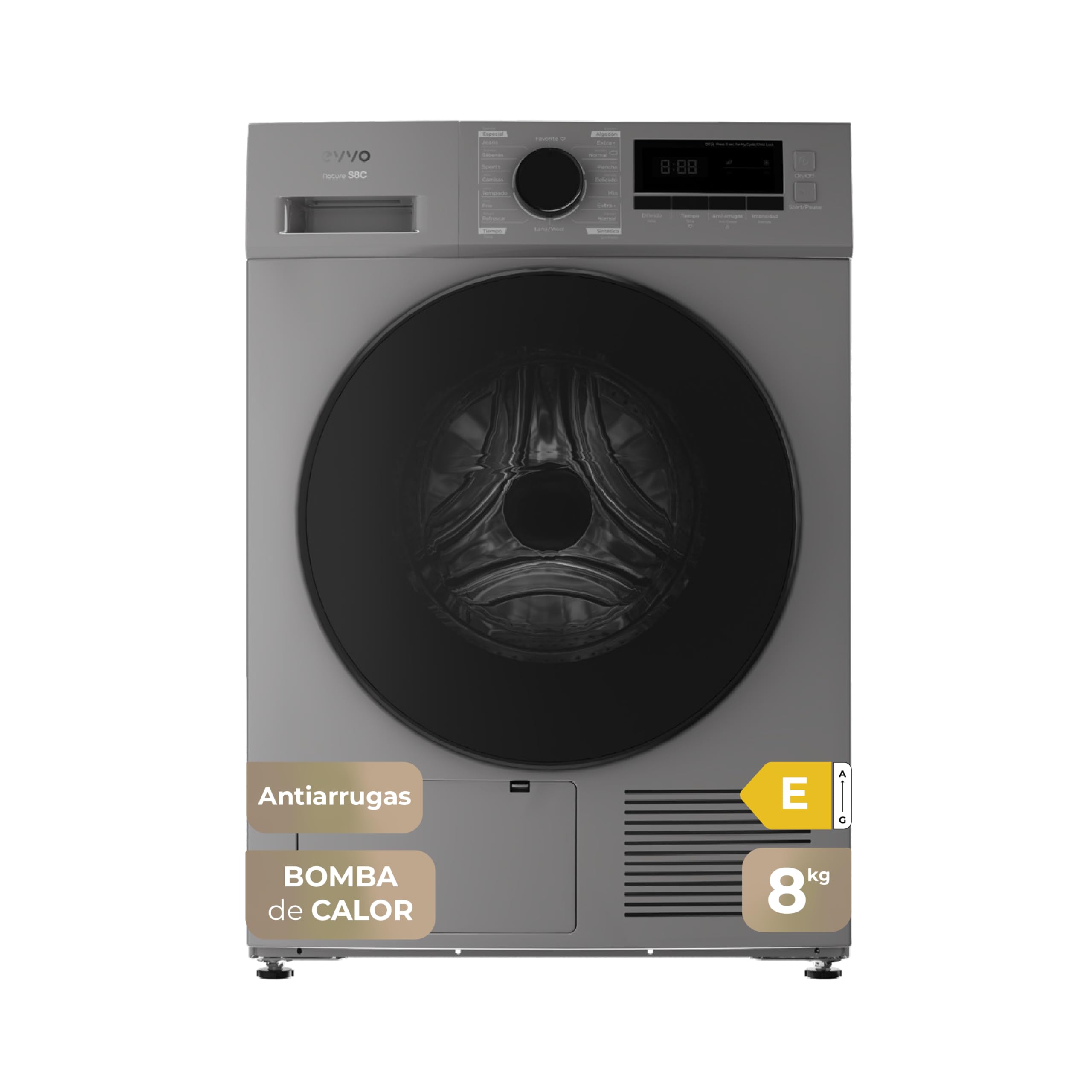 EVVO Secadora De Ropa Nature S8X E - Capacidad de 8kg, Efic. Energética E, Airfresh, Secadora Bomba de Calor, Sensor de Humedad, Antiarrugas, Inicio diferido, 16 Programas, Fácil Instalación, Inox
