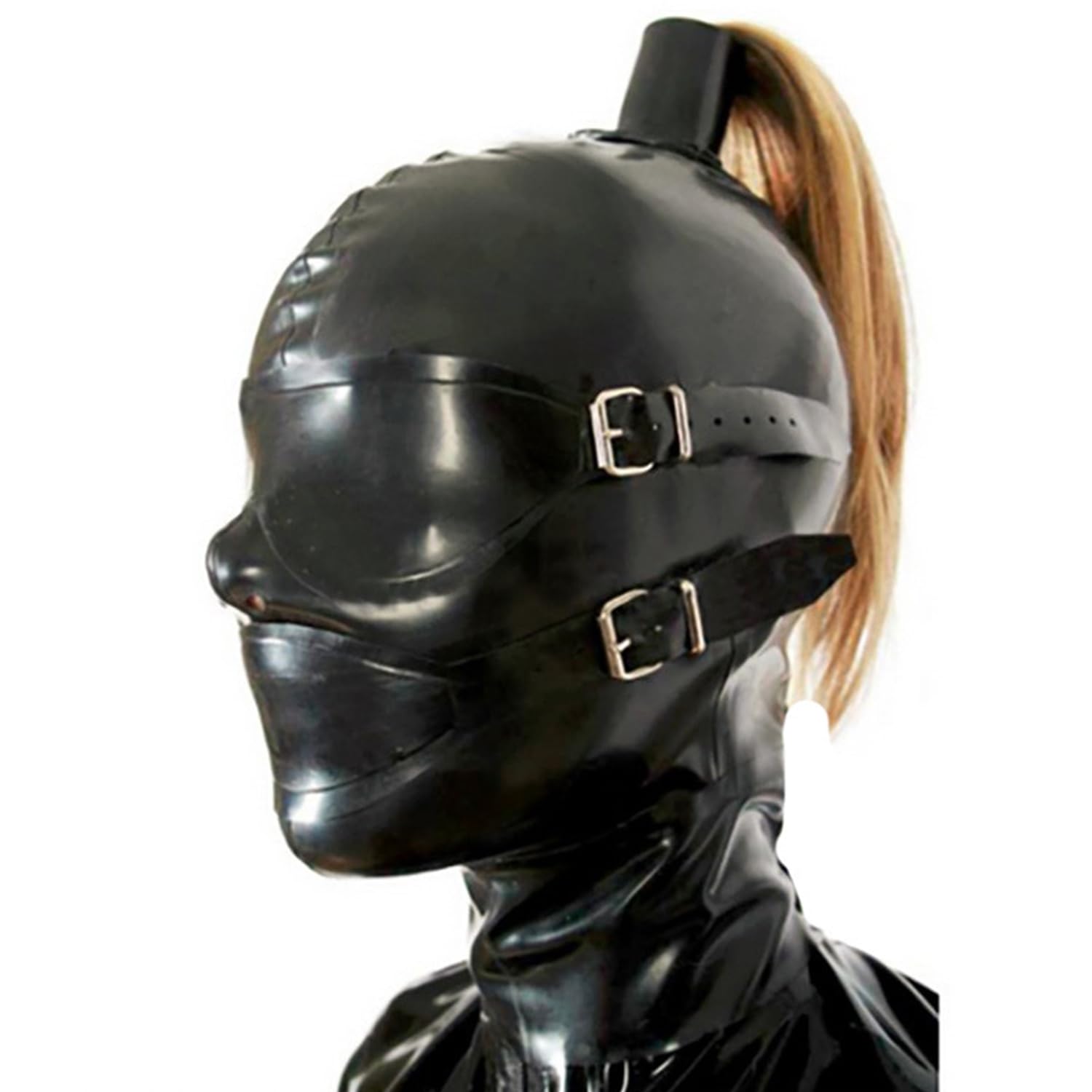 Bondage Latex Maske mit Perücke Vollgesichtsmaske Verbundenen Augen Personality Handgefertigte with Zip füR Cosplay(Size:XXL-73CM)