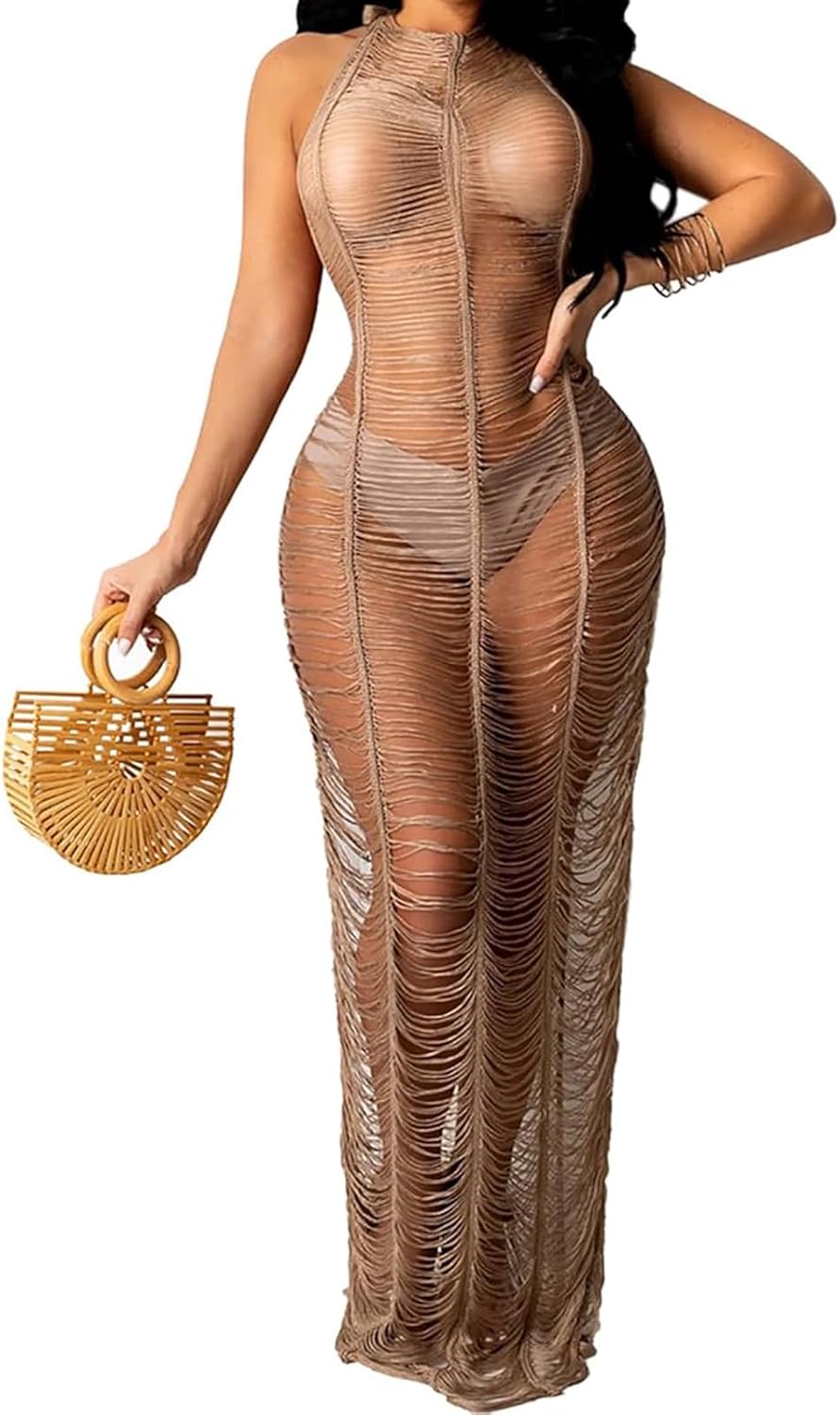 Remxi Women Sexy Bathing Suit Cover Ups Mesh See Through Crochet Backless Bikini Swimsuit Summer Beach Dresses