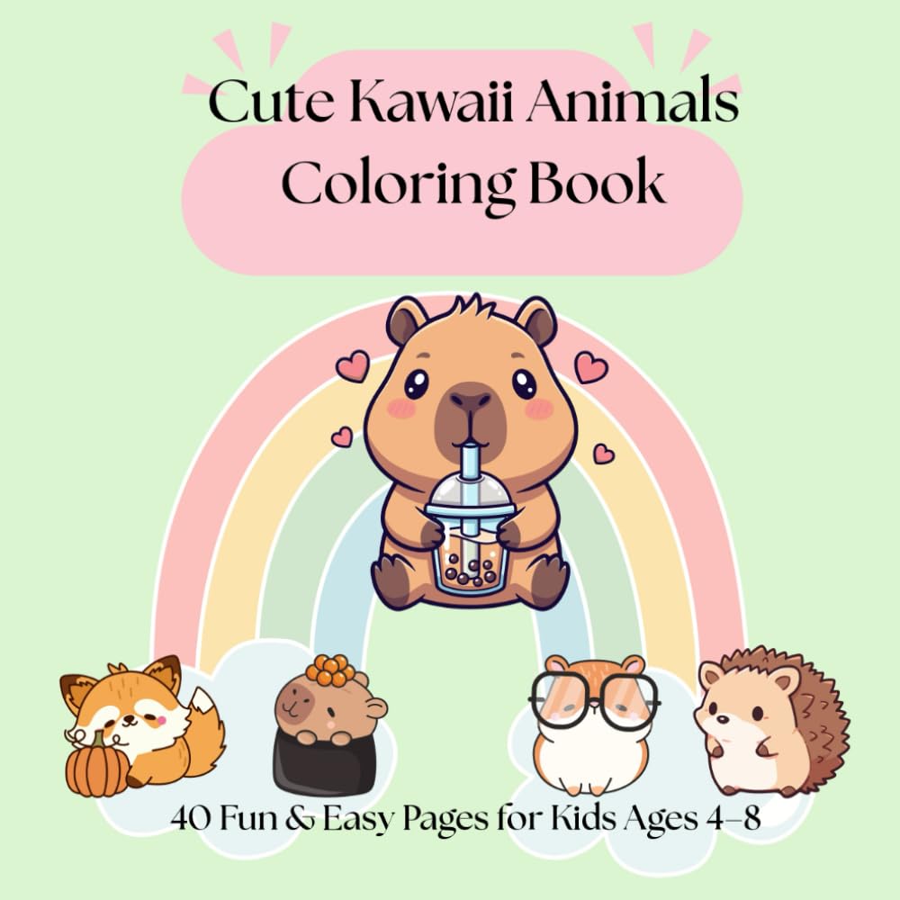 Cute Kawaii Animals Coloring Book: 40 Fun & Easy Pages for Kids Ages 4–8