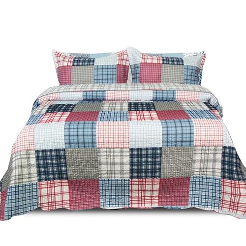 Trendy Realm Quilt Patchwork Bedspread 3 Piece Set – Coverless Quilted Bedspread, Comforter Throw, Summer and All-Season Lightweight Bedding Sets, with 2 Pillow Sham - (Chic Grids, King)