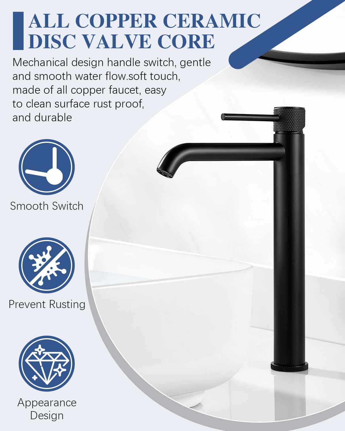 Tall Bathroom Basin Mixer Taps, Black Mono Basin Tap Round, Cloakroom Faucet with High Spout - Image 4