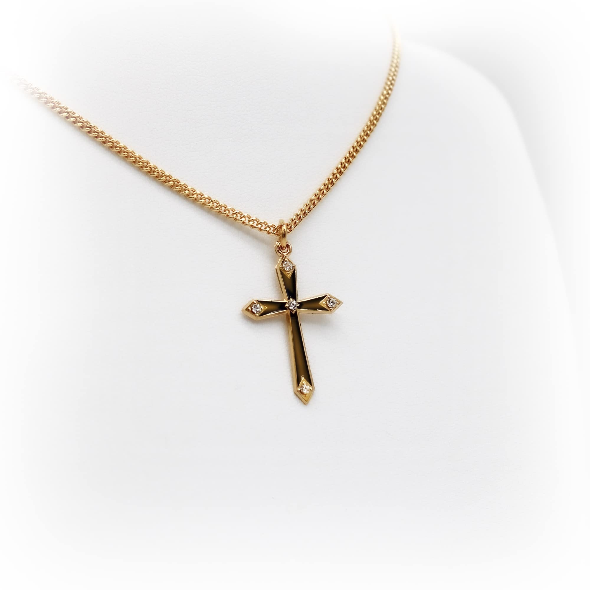Fratelli Bonella | Collana con Croce in Argento 925 - punti luce in Cristallo Swarosky - finitura placcata in oro 16 Kt – Girocollo da 45 cm in Argento Inossidabile | Made in Italy
