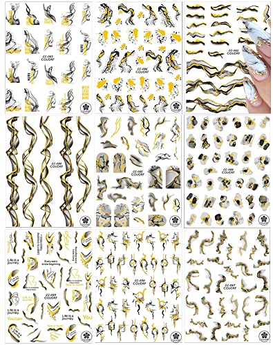 9 Sheets Marble Nail Art Stickers,Gold Nail Foil Decals Nail Art Supplies 3D Self-Adhesive Bronzing Stripe Lines Wavy French Marble Nail Designs Holographic Slider Decal Metallic Manicure Decorations #TOP6