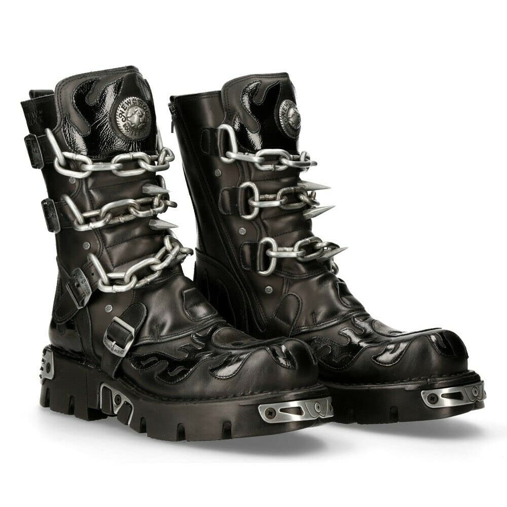 New Rock 727-S1 Metallic Schwarzes Leder Spikes Gotisch Mittlere Wade Punk Rock Stiefel