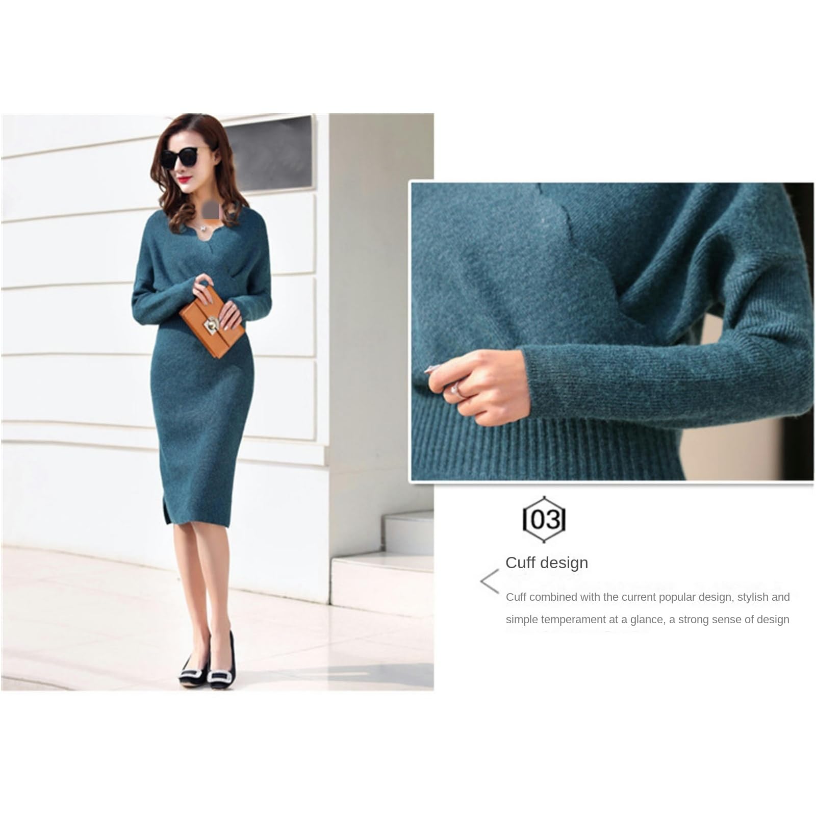Vestito Donna Autunno Abito in Maglia con Gonna A Coda di Pesce Aderente di Media Lunghezza E Scollo A V alla Moda Autunnale-Nero-Taglia Unica
