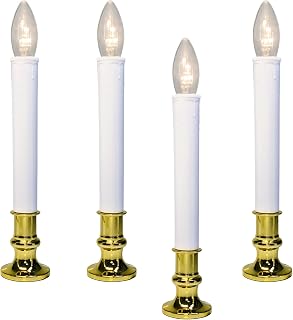 4 Pack Christmas Window Battery Operated Candle Lights with Automatic Timer, C26 3V LED Bulbs and Golden Base, Perfect for Christmas Decor, Includes 4 Suction Cups