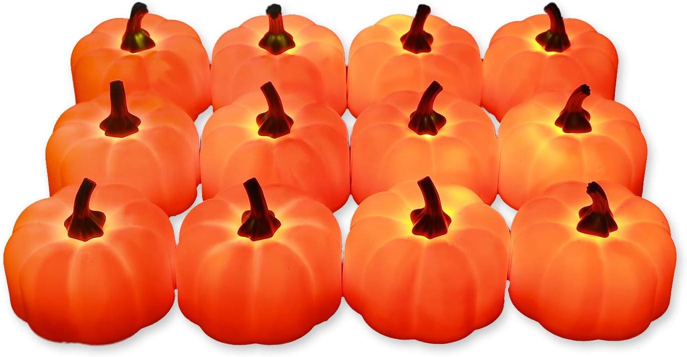 [12 Pack] Hautton Pumpkin LED Candles, Artificial Battery Operated Flameless Candle with Warm Orange Flickering Light, for Halloween Party Decoration Festival Celebrations