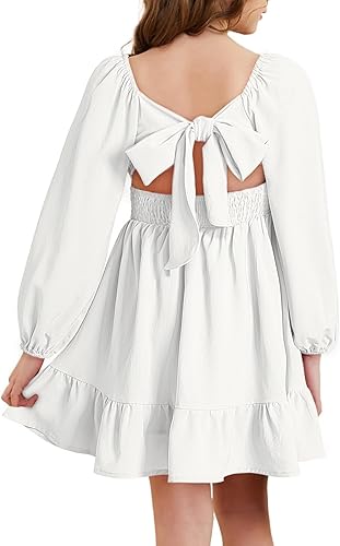 Miniatura 3 de blibean - Vestido de manga larga con lazo en la espalda para niñas y preadolescentes, vestido de otoño con hombros descubiertos, tallas para 6-15