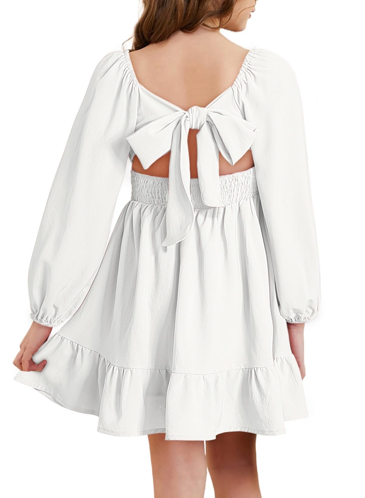blibean Vestido de manga larga para niñas con lazo en la espalda, vestido de otoño con hombros descubiertos, talla 6-15 años