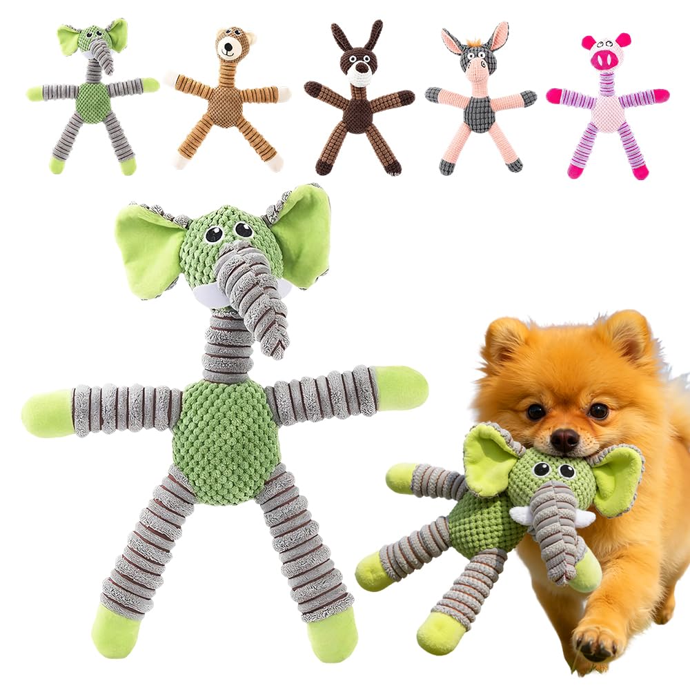 Indestructible Dog Toys for Aggressive Chewers, Durable Squeaky Plush Toys for Large Medium Small Dogs, Tough Chew Toys with Interactive Sounds for Puppy Anxiety Relief (Cartoon Green Elephant)