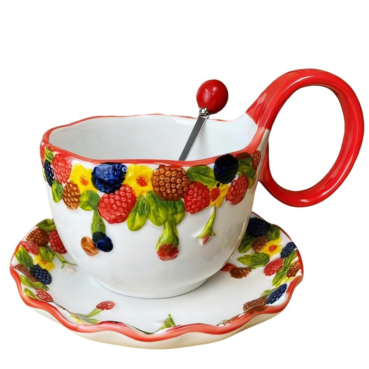 17.64Oz Microwavable Soup Bowl with Handle, Handmade Relief Raspberry Decorative Soup Bowls with Handles, Ceramic Soup Bowl with Spoon and Plate for Holding Fruits Cereal Snack, Chili, Ice Cream, Stew