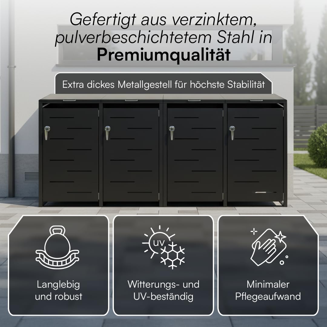 STEELSØN Diorus Mülltonnenbox 4er bis 240L abschließbar – Hochwertige Mülltonnenverkleidung für 4 Tonnen – Müllbox Stahl – Müllcontainer Schwarz - Mülltonnen Box wetterfest – Gerätebox mit Schloss