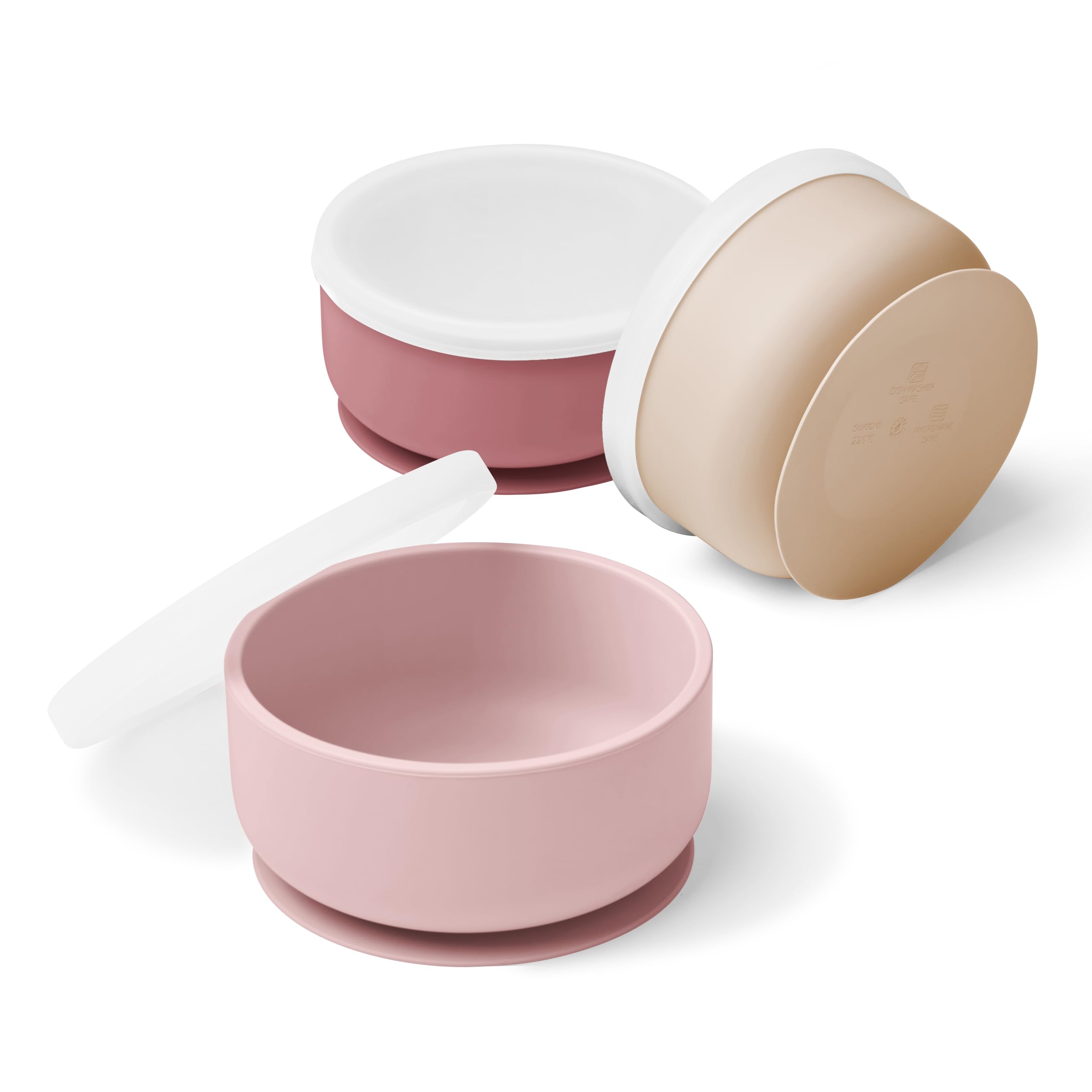 Navik | Set bol ventouse pour bébé avec couvercle en silicone anti renversement | 1er age | coffret repas | Rose, rose pâle et beige