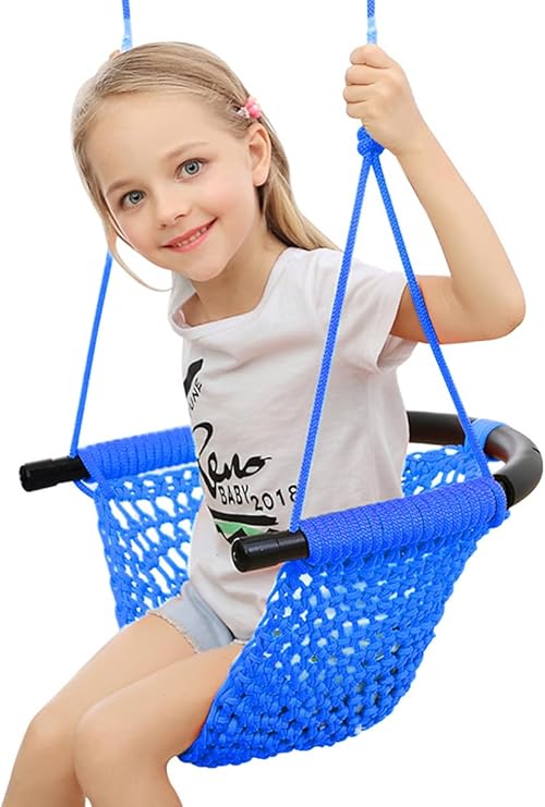 Hand-Knitting Toddler Swing, Swing Seat for Kids with Adjustable Ropes, Little tikes Swings Set, for Outdoor Indoor, Playground, Backyard (Blue)