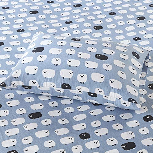 Image of Woolrich Cotton Sheet Set Cottage Charms Print, 100% Cotton Flannel Sheets Warm & Fuzzy Bedding Set Queen Size Sheets, Fitted Pocket Fits Up to 14 inch Mattress, Queen Blue Sheep, 4 Piece