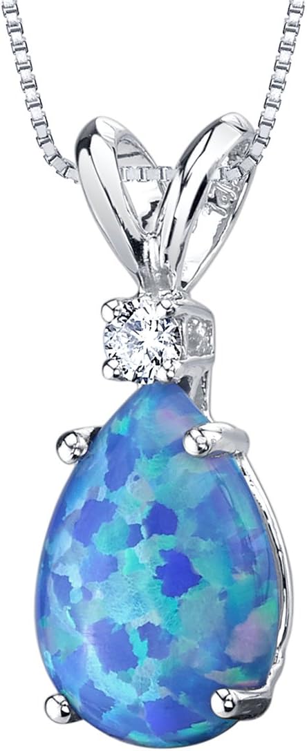 PEORA 14K White Gold Created Blue Opal with Genuine Diamond Pendant, Elegant Teardrop Solitaire, Pear Shape, 10x7mm, 1 Carat total, October Birthstone Necklace, Fire Opal Necklace, w/Jewelry Box